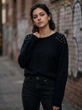 Moon Collection Studded Shoulder Sweater Edgy Grunge Black Medium